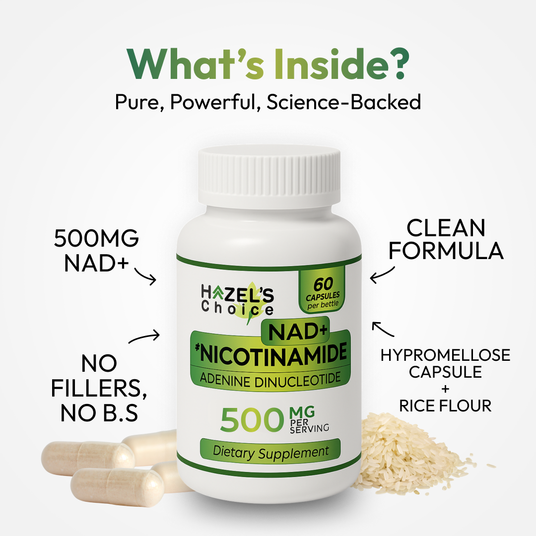 HAZEL'S Choice NAD+ Nicotinamide Adenine Dinucleotide Supplement 500mg, 60 Capsules, Supports Cellular Energy & Metabolic Function