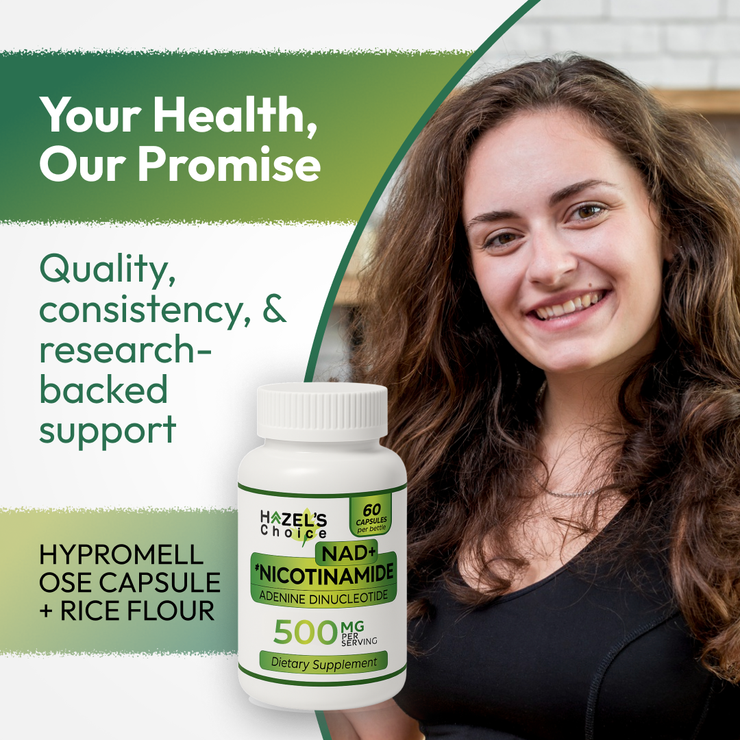 HAZEL'S Choice NAD+ Nicotinamide Adenine Dinucleotide Supplement 500mg, 60 Capsules, Supports Cellular Energy & Metabolic Function