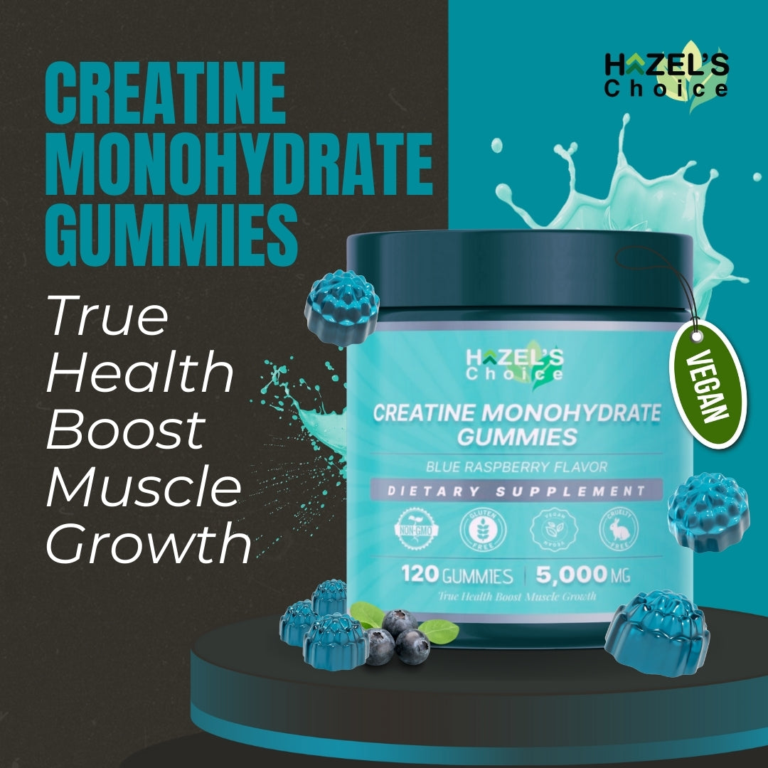 HAZEL'S Choice Creatine Monohydrate Gummies โ 5000mg, 120 Count โ Vegan, Gluten-Free, Blue Raspberry & Strawberry Flavor โ Dietary Supplement
