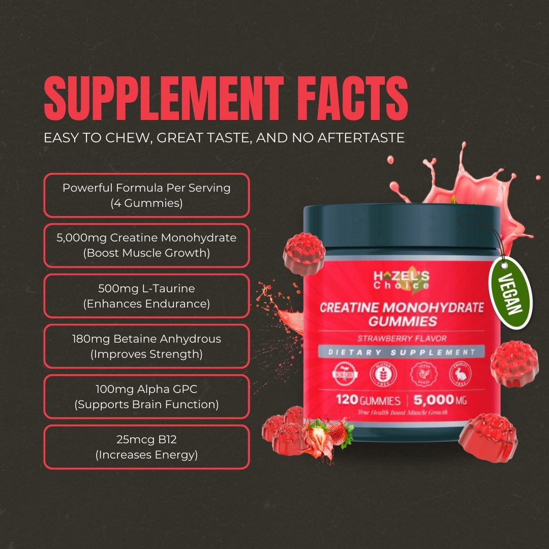 HAZEL'S Choice Creatine Gummies – 120 Vegan Gummies, 5000mg Per Serving – Non-GMO, Gluten-Free – Strawberry & Blue Raspberry Flavors