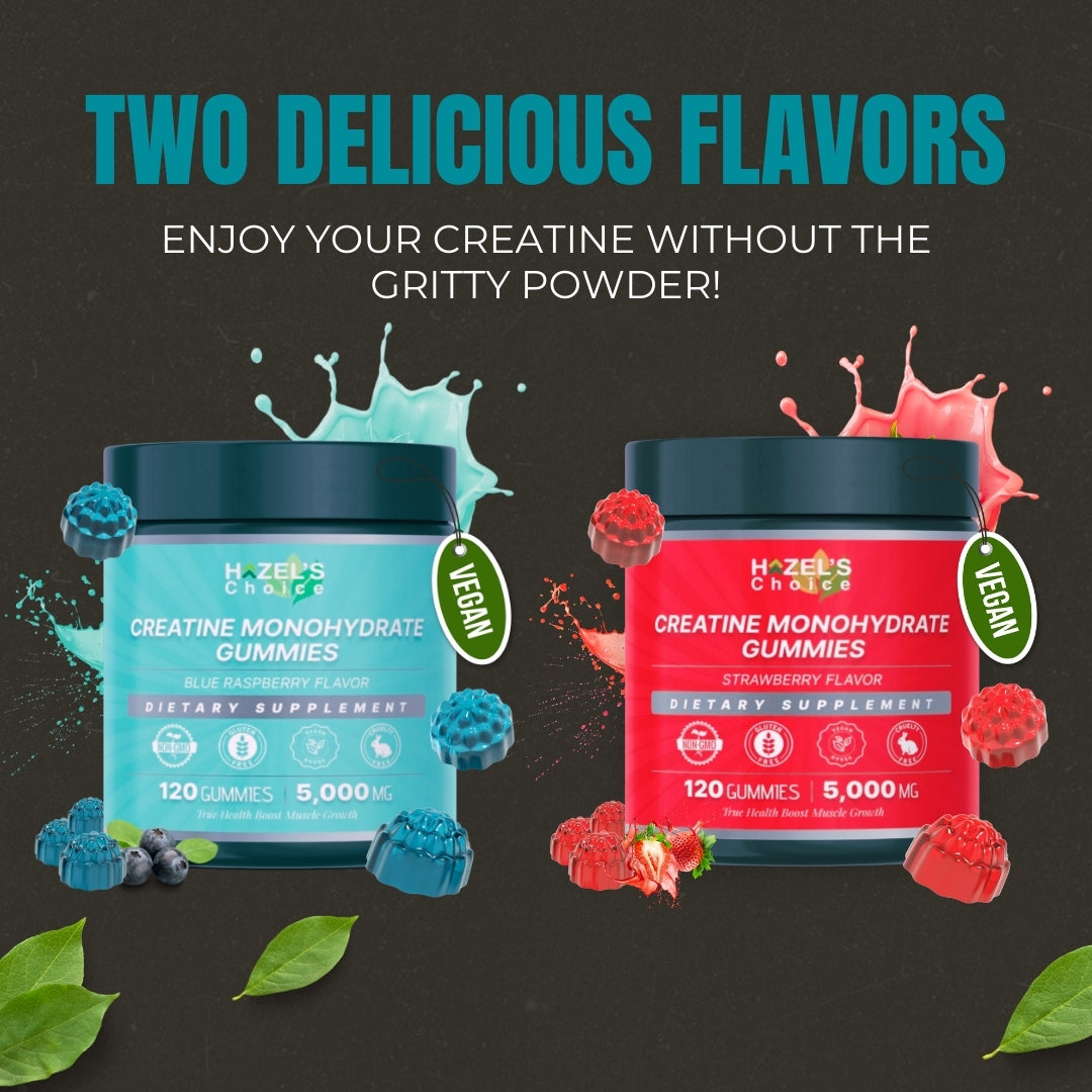 HAZEL'S Choice Creatine Monohydrate Gummies โ 5000mg, 120 Count โ Vegan, Gluten-Free, Blue Raspberry & Strawberry Flavor โ Dietary Supplement