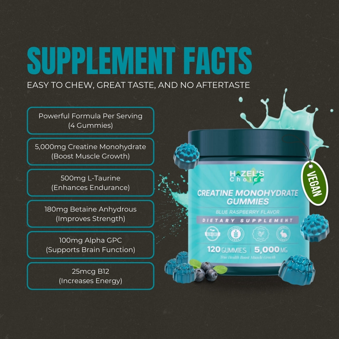 HAZEL'S Choice Creatine Monohydrate Gummies โ 5000mg, 120 Count โ Vegan, Gluten-Free, Blue Raspberry & Strawberry Flavor โ Dietary Supplement