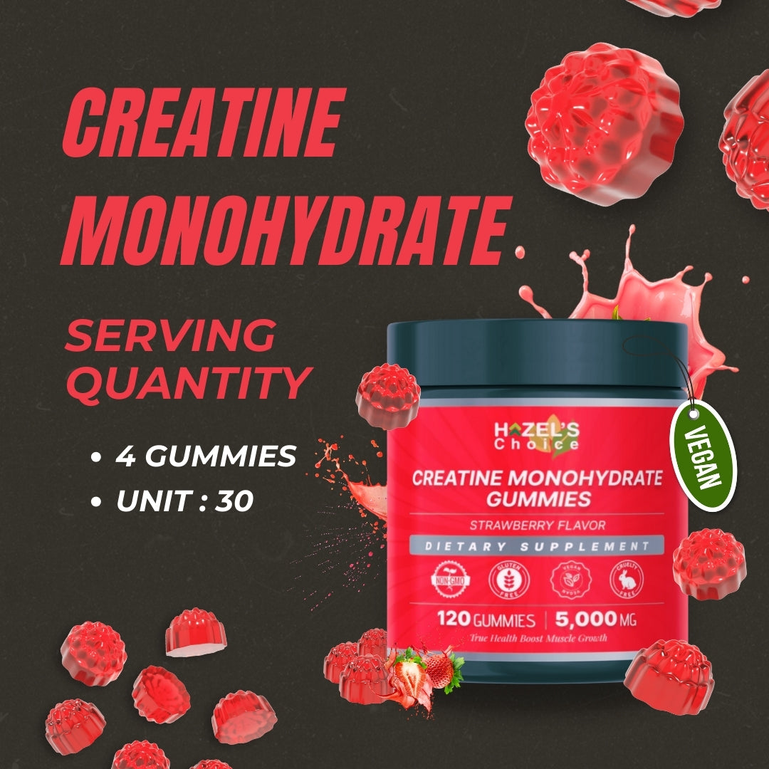 HAZEL'S Choice Creatine Gummies – 120 Vegan Gummies, 5000mg Per Serving – Non-GMO, Gluten-Free – Strawberry & Blue Raspberry Flavors