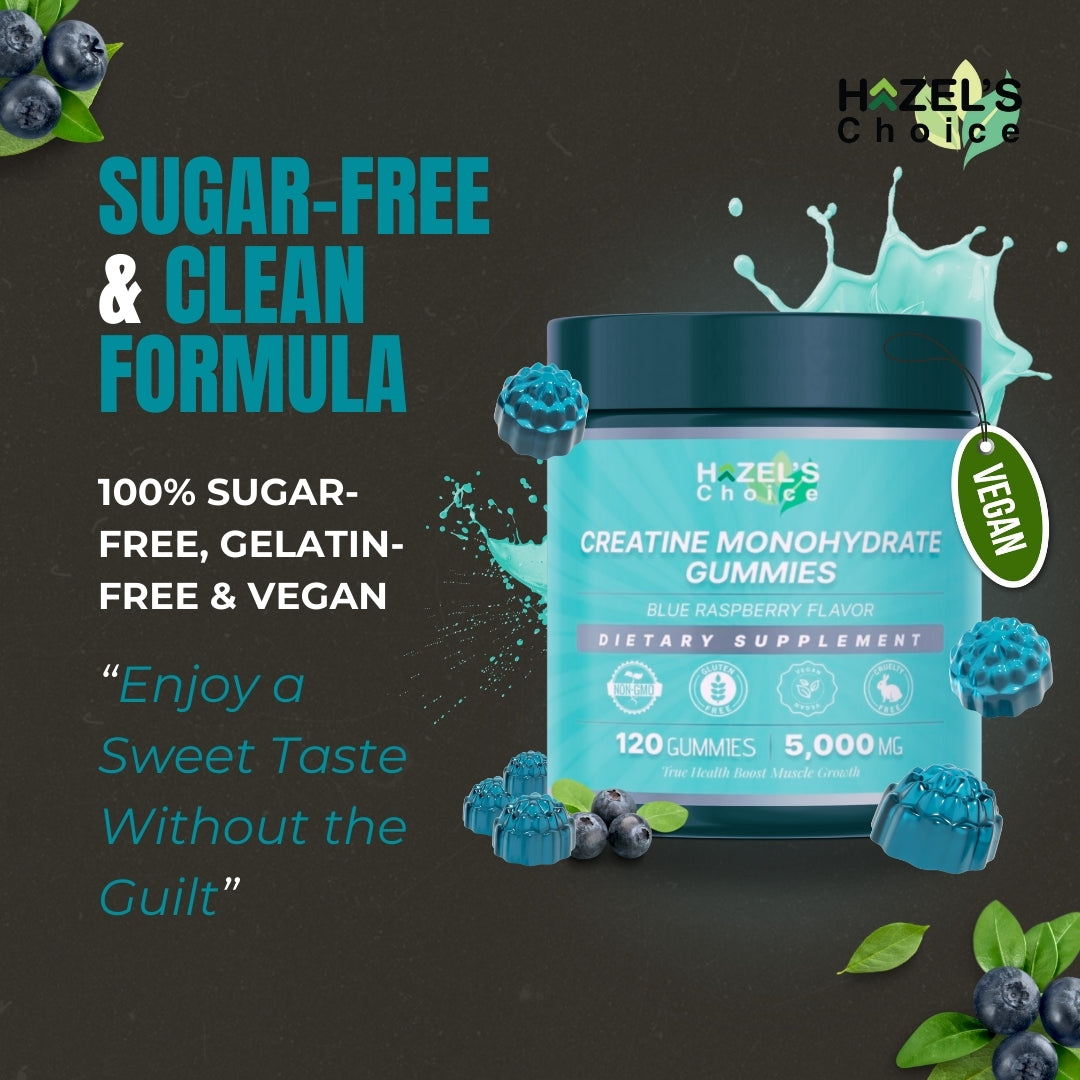 HAZEL'S Choice Creatine Monohydrate Gummies โ 5000mg, 120 Count โ Vegan, Gluten-Free, Blue Raspberry & Strawberry Flavor โ Dietary Supplement