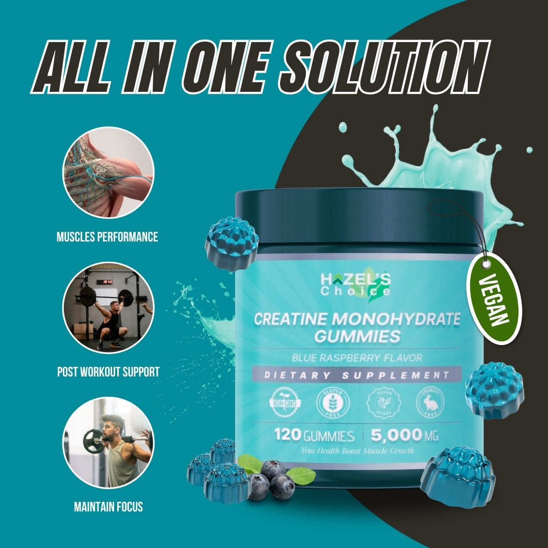 HAZEL'S Choice Creatine Monohydrate Gummies โ 5000mg, 120 Count โ Vegan, Gluten-Free, Blue Raspberry & Strawberry Flavor โ Dietary Supplement