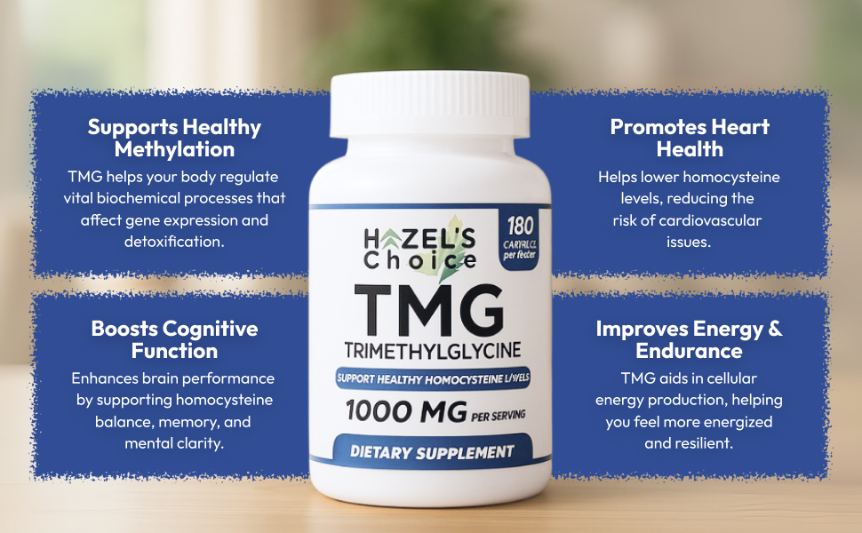 TMG trimethylglycine 1000mg Supplement, 180 Capsules, Non-GMO, Gluten-Free, Supports Daily Wellness Routine