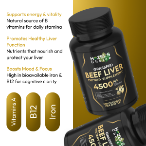 HAZEL'S Choice Grassfed Beef Liver Supplement 4500mg, 180 Capsules, Unflavored, Organ Support Supplement & Nutrient-Rich, 30 Servings