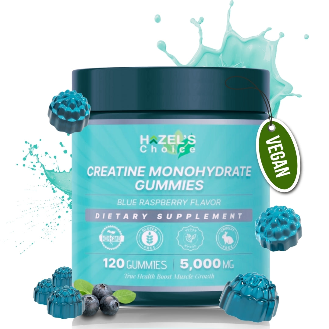 HAZEL'S Choice Creatine Monohydrate Gummies โ 5000mg, 120 Count โ Vegan, Gluten-Free, Blue Raspberry & Strawberry Flavor โ Dietary Supplement