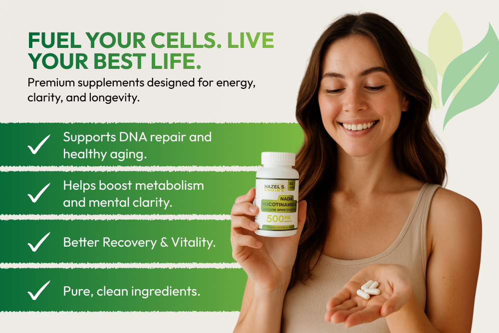 HAZEL'S Choice NAD+ Nicotinamide Adenine Dinucleotide Supplement 500mg, 60 Capsules, Supports Cellular Energy & Metabolic Function