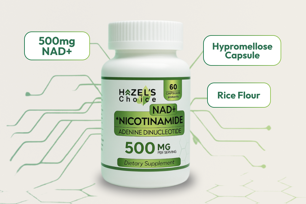 HAZEL'S Choice NAD+ Nicotinamide Adenine Dinucleotide Supplement 500mg, 60 Capsules, Supports Cellular Energy & Metabolic Function