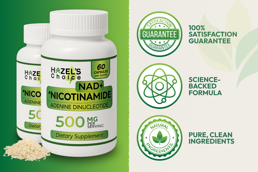 HAZEL'S Choice NAD+ Nicotinamide Adenine Dinucleotide Supplement 500mg, 60 Capsules, Supports Cellular Energy & Metabolic Function
