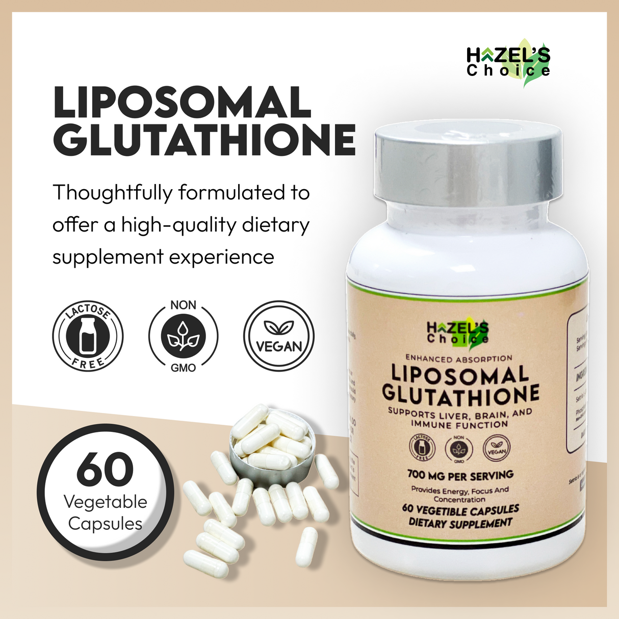 HAZEL'S Choice Liposomal Glutathione 700mg | 60 Vegetable Capsules | Vegan, Non-GMO, Lactose-Free | Plant-Based Format