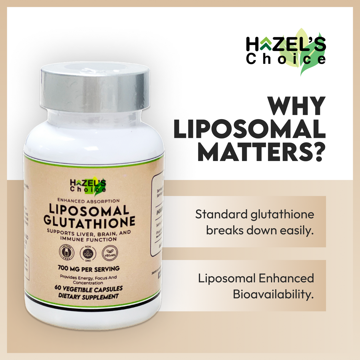 HAZEL'S Choice Liposomal Glutathione 700mg | 60 Vegetable Capsules | Vegan, Non-GMO, Lactose-Free | Plant-Based Format